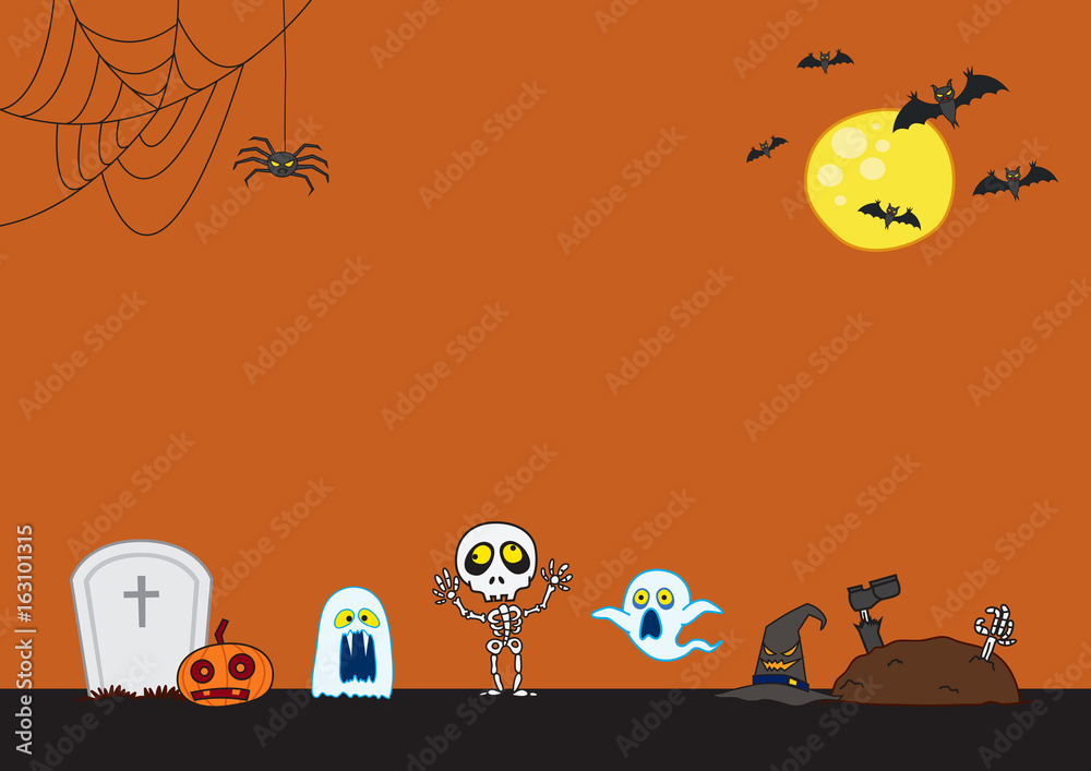 Halloween Background. Illustration. Flat Halloween Icons with Square Frame. Trick or Treat Concept. Ghost and Frankenstein, Orange Pumpkin and Spider Web, Skull and Crossbones.