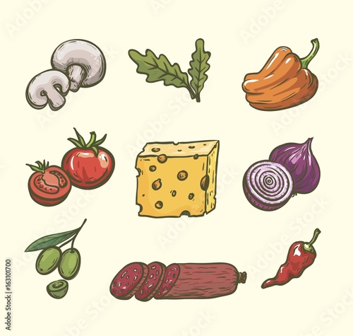 Foodstuffs. Ingredients for pizza. Set of color sketches on white