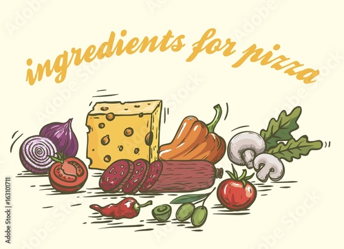 Foodstuffs. Ingredients for pizza. Set of color sketches on white