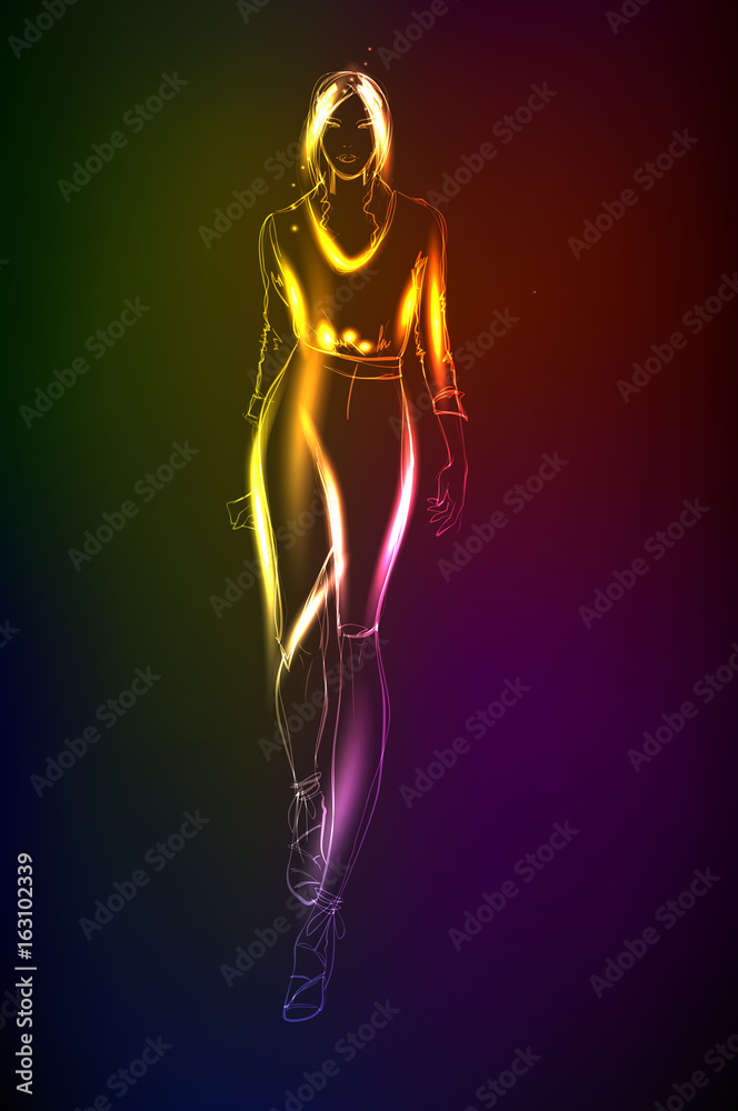 Hand-drawn fashion model from a neon. A light girl's Hand-drawn fashion model from a neon. A light girl's