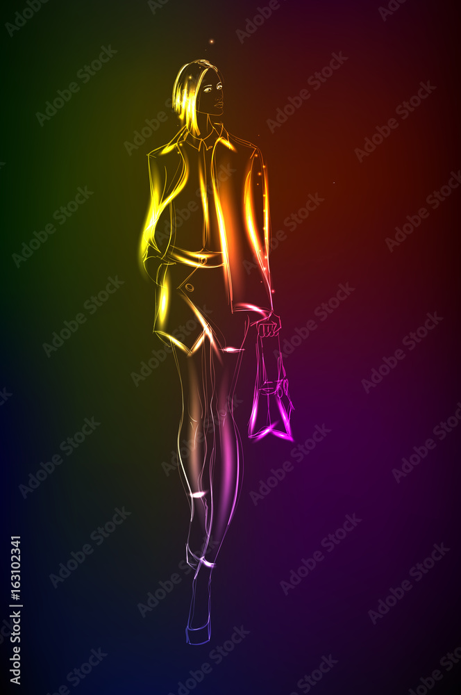 Hand-drawn fashion model from a neon. A light girl's Hand-drawn fashion model from a neon. A light girl's