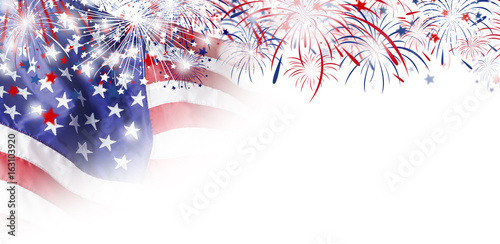 USA flag with firework on white background for 4 july independence day photo