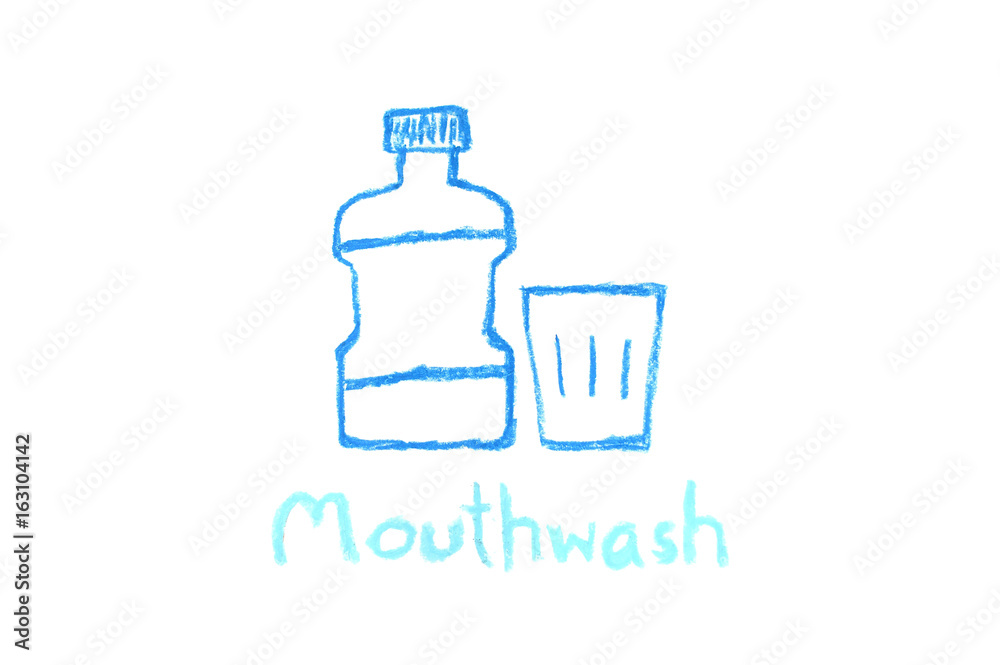 mouthwash bottle and glass - crayon drawing
