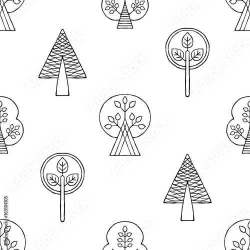 Vector hand drawn seamless pattern, decorative stylized black and white childish trees. Doodle sketch style, graphic illustration, background. Ornamental cute hand drawing. Line drawing.