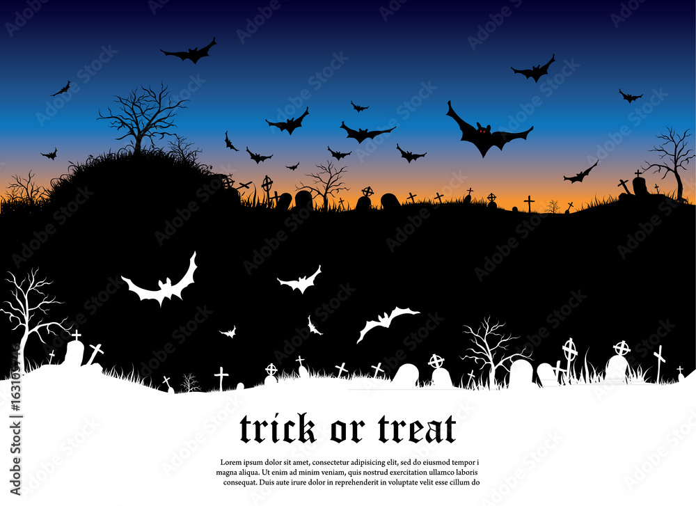 Halloween background with Scary old graveyard and bats