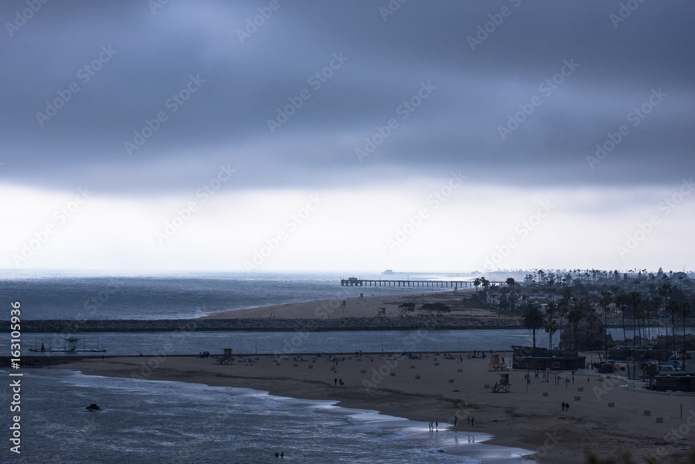 Overlooking beaches in Southern California with heavy cloud cover