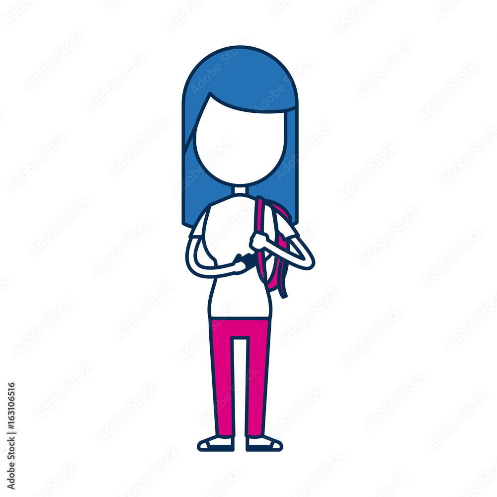 teenager girl school people cartoon in blue and fuchsia image