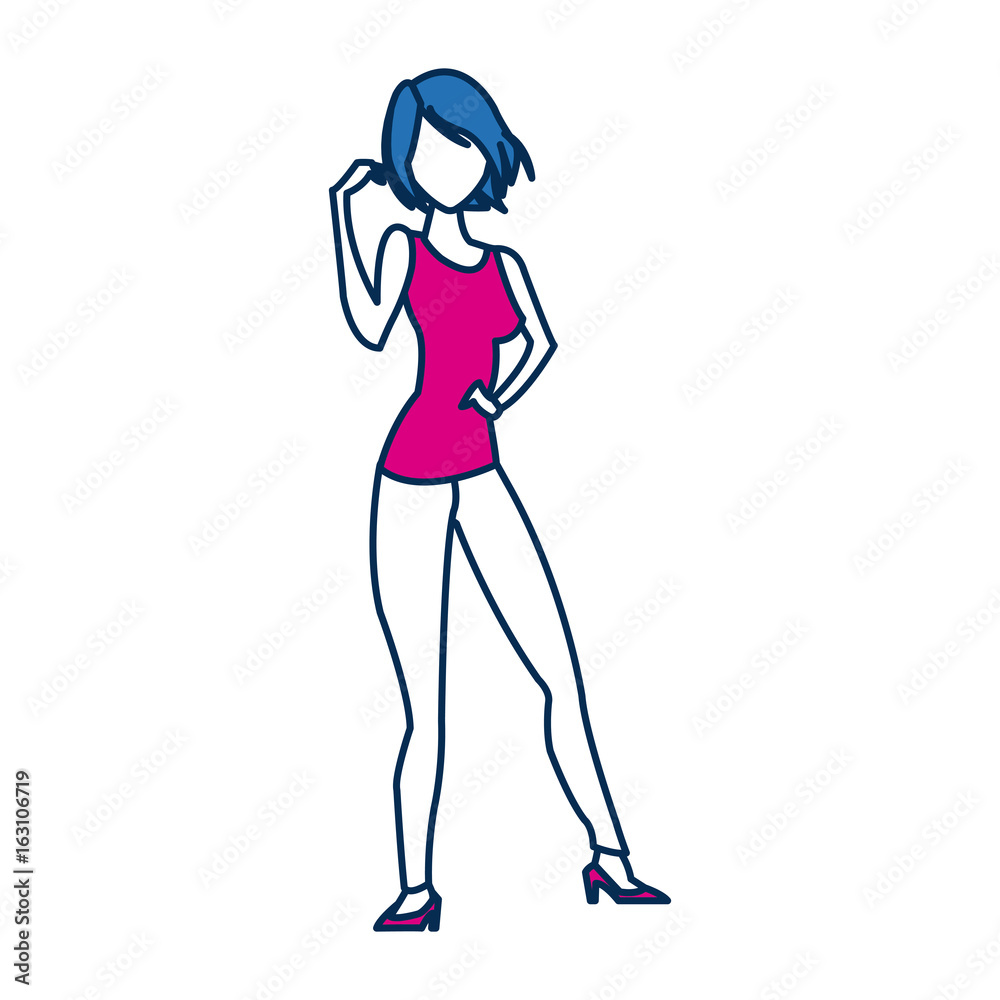 beauty woman standing character in blue and fuchsia people beauty woman standing character in blue and fuchsia people