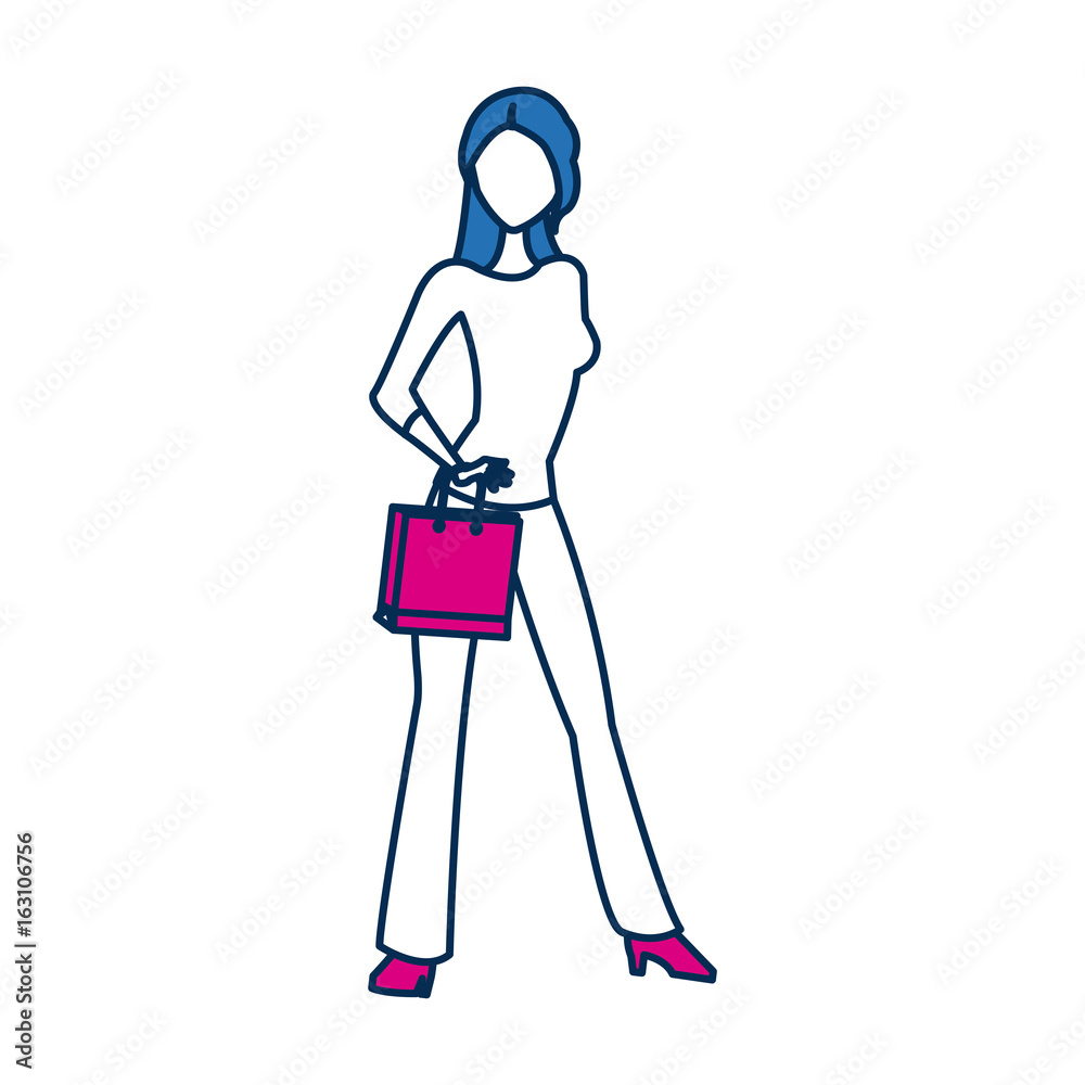 beauty woman standing character in blue and fuchsia people