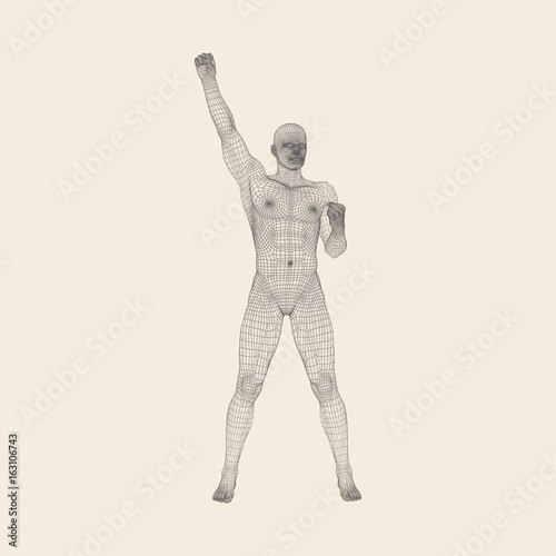 Standing Man. Human with arm up. Silhouette for sport championship. The victory celebration. 3D Model of Man. Vector Illustration.