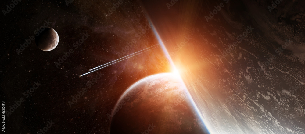 Naklejka premium Sunrise over distant planet system in space 3D rendering elements of this image furnished by NASA