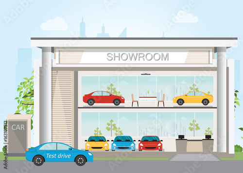 Modern car dealership showroom interior and exterior.