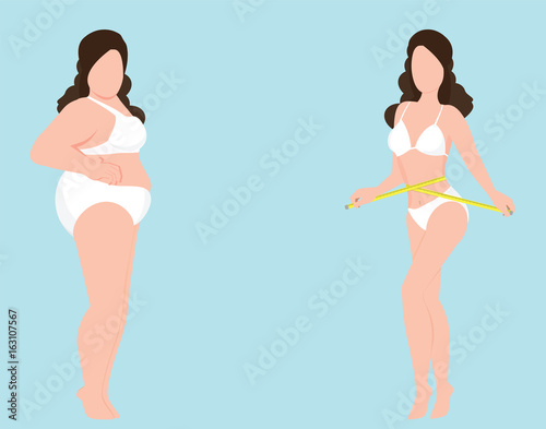 Woman before and after diet weigh loss.