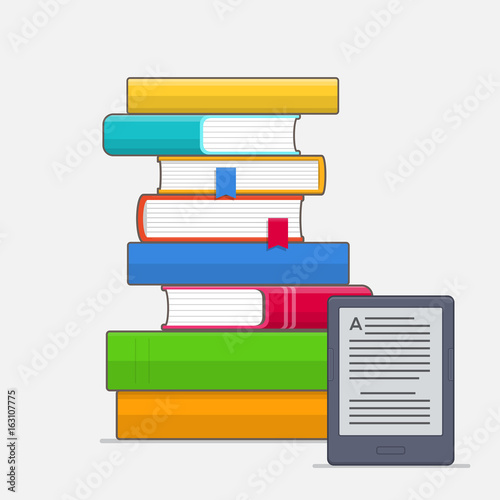 Stack of colorful books with bookmark and E-book reader