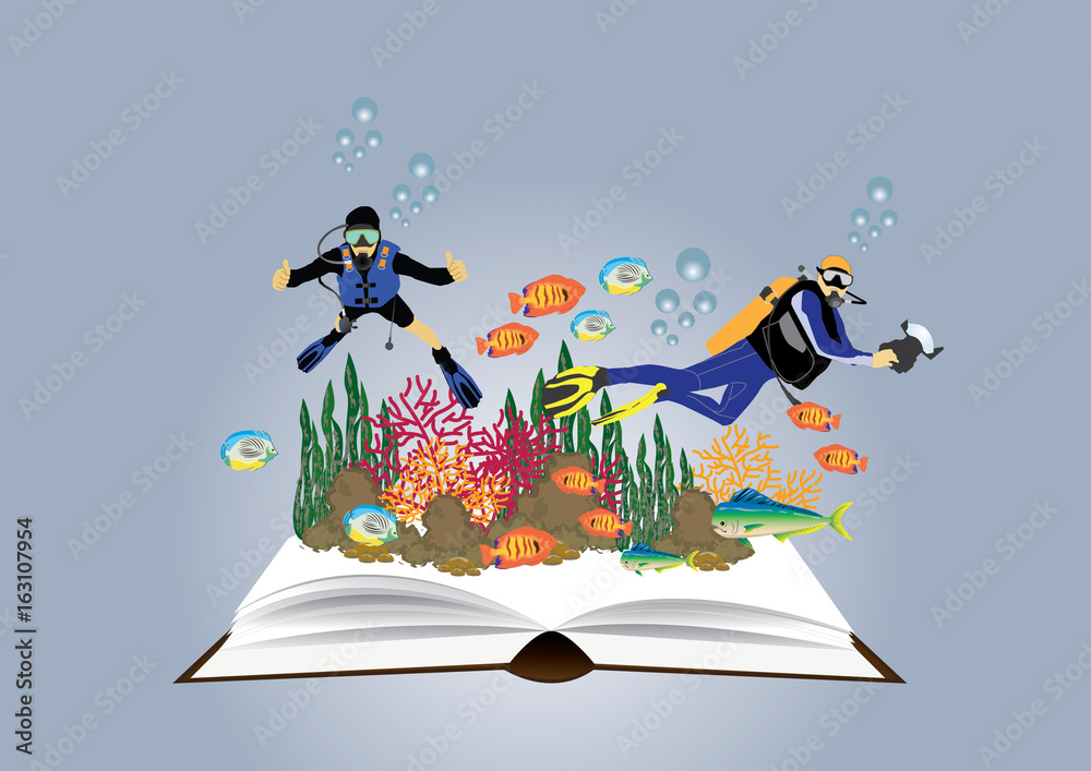 Naklejka premium one scuba diver and one underwater photograher swimming over the live coral reef with fishes out of book, A vector illustration of a scuba diver diving in the ocean