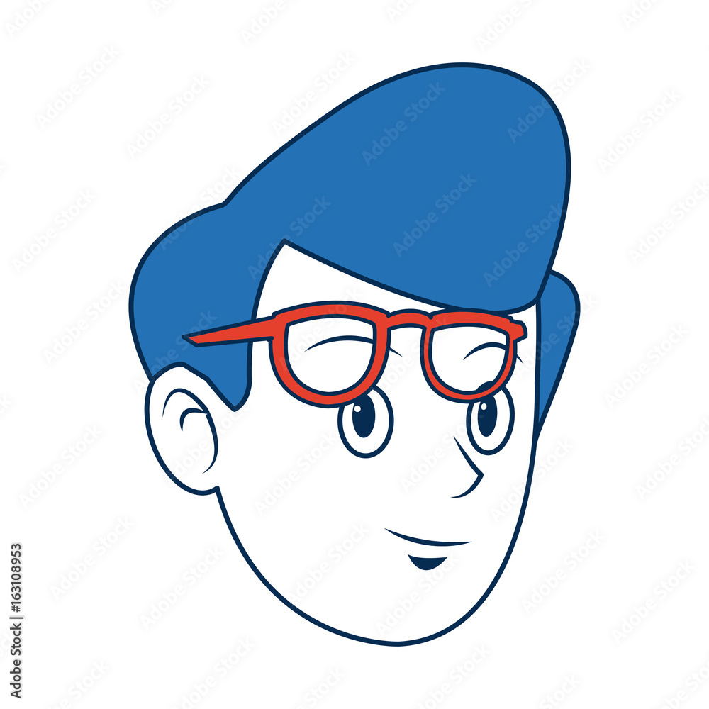man face character smiling with blue hair and glasses man face character smiling with blue hair and glasses