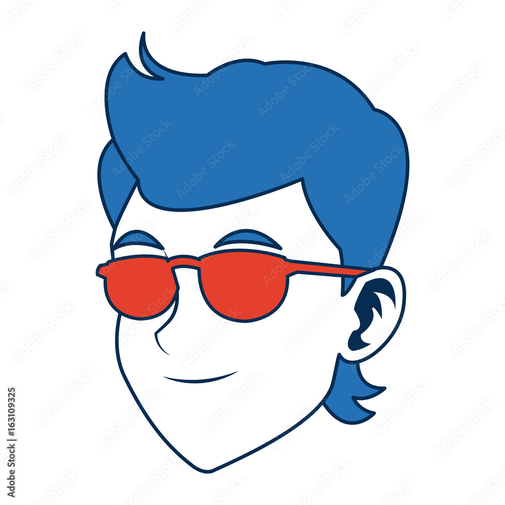 man face character smiling with blue hair and glasses