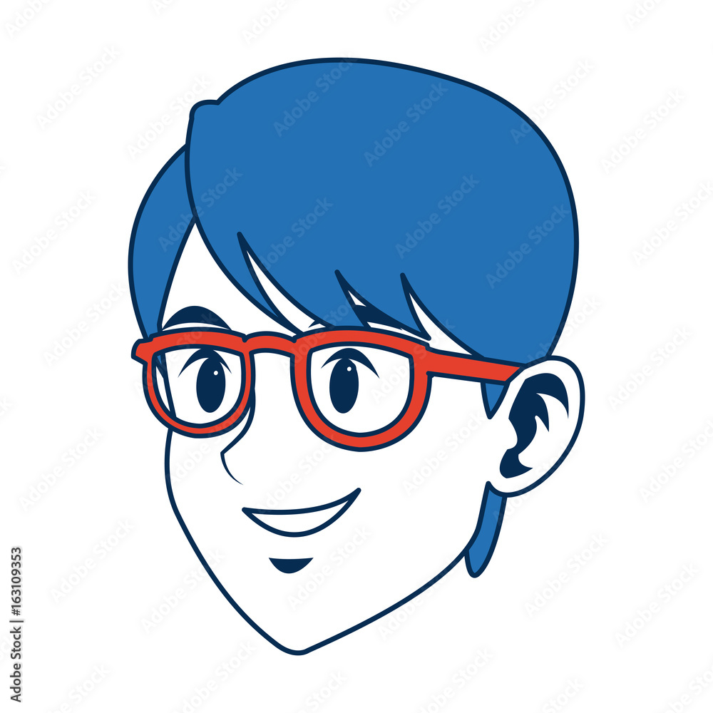 man face character smiling with blue hair and glasses man face character smiling with blue hair and glasses