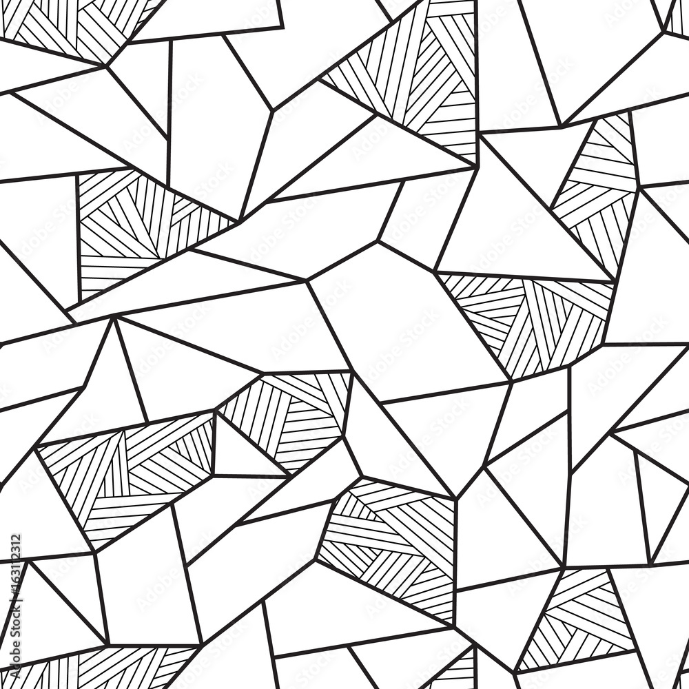 Black and white doodle polygon background. Seamless geometric vector pattern