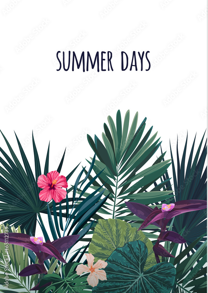 Fototapeta Kwiatowy wzór pocztówki pionowej z kwiatami hibiskusa, monsterą i liśćmi palmy królewskiej. Egzotyczne tło wektor hawajski.