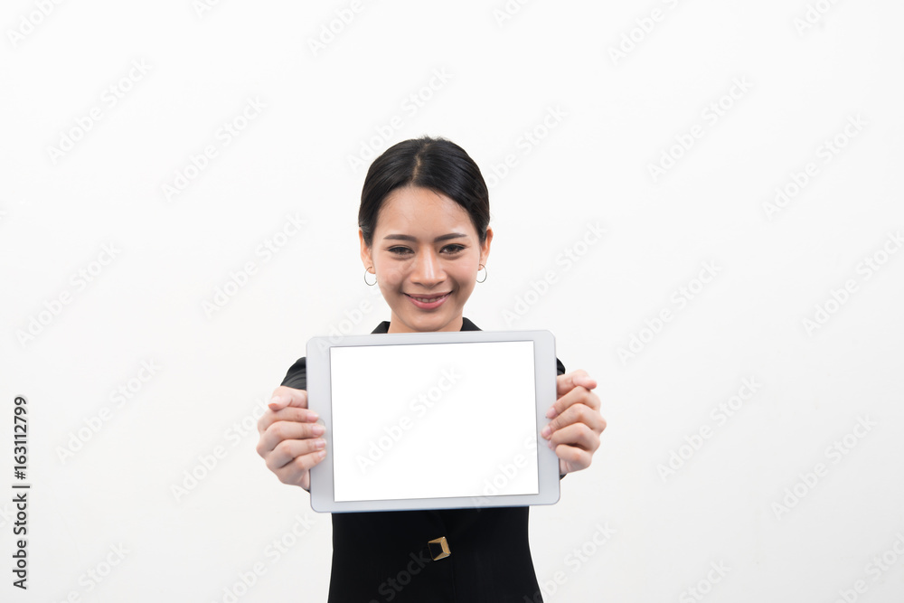 Businesswoman holding tablet in hands isolated on white background. Businesswoman holding tablet in hands isolated on white background.