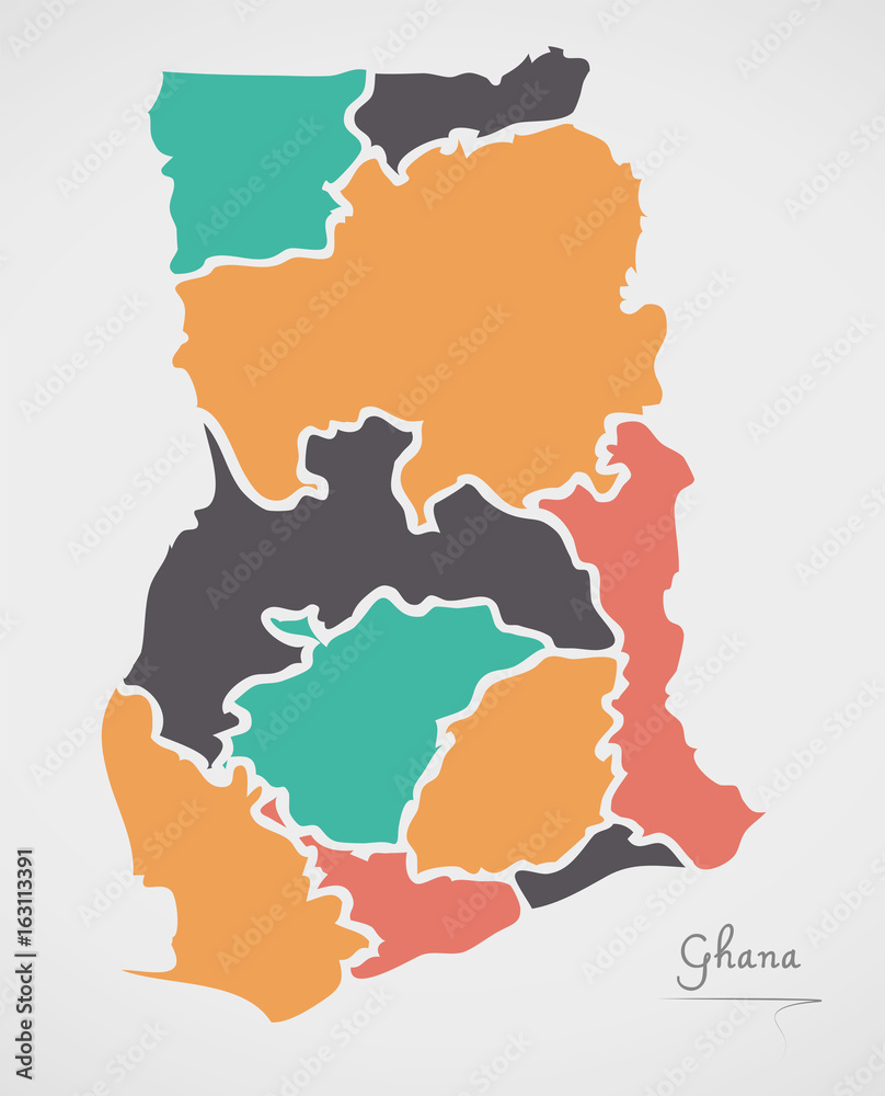 Ghana Map with states and modern round shapes
