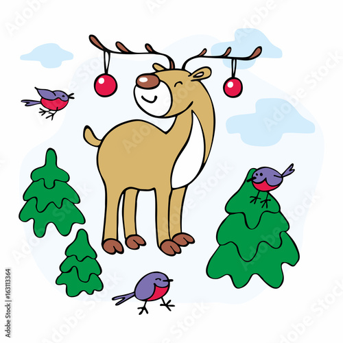 Cheerful Christmas illustration with the image of a ridiculous deer, bullfinches and fir trees.