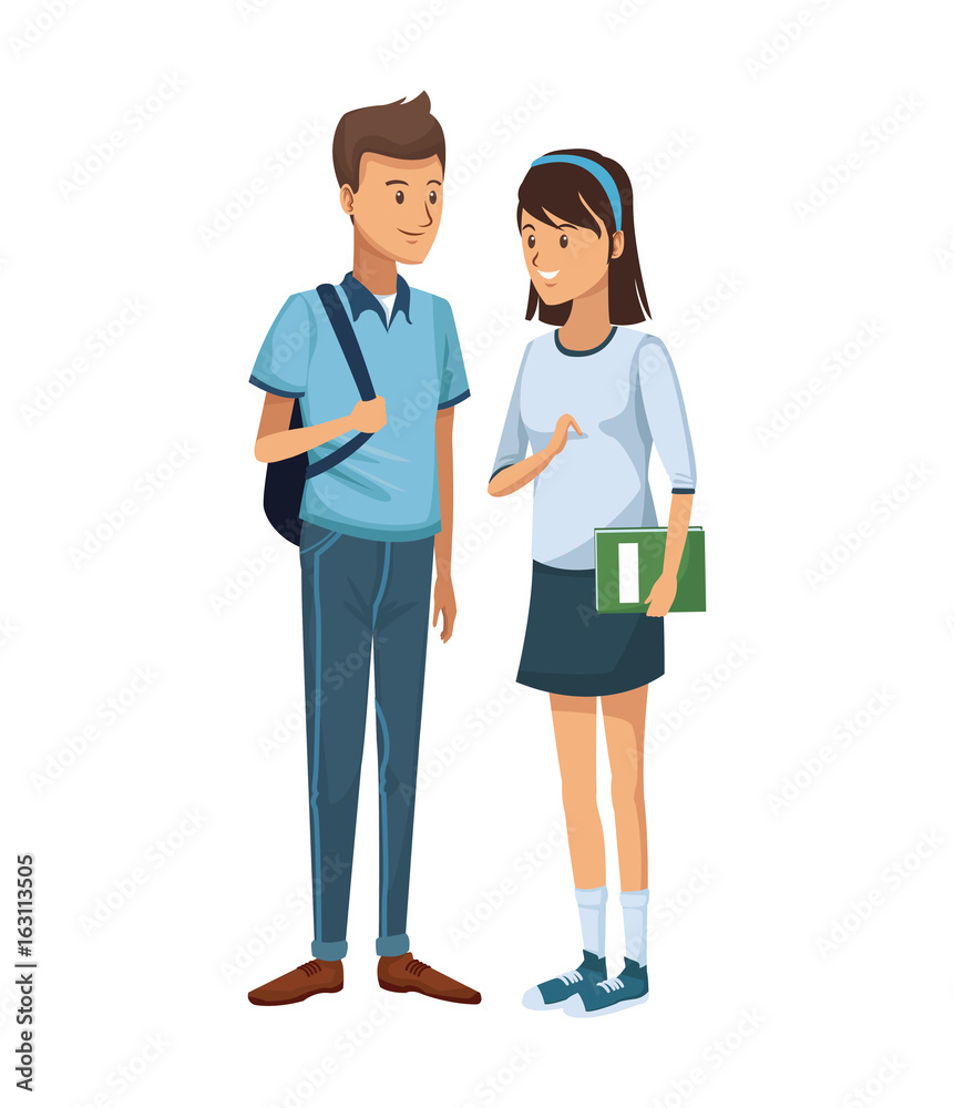 colorful couple students standing of boy with briefcase and girl with short hair and holding book colorful couple students standing of boy with briefcase and girl with short hair and holding book