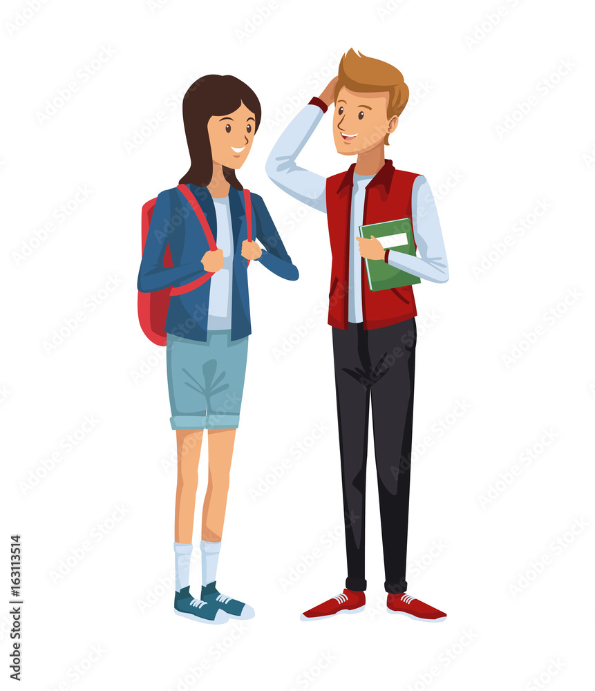 Fototapeta premium colorful couple students standing of girl in shorts and briefcase with blonded boy with hairstyle in fashion style clothes