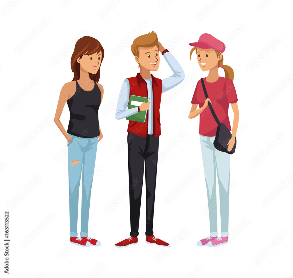 Fototapeta premium colorful women students standing and boy with hairstyle in fashion style clothes