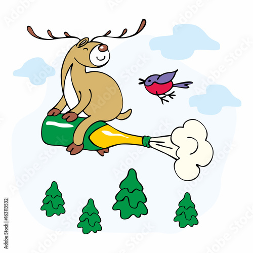 Cheerful Christmas illustration with the image of a ridiculous deer, bullfinches and fir trees.
