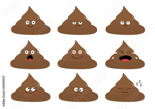 Cute poop emoji set. Funny cartoon characters. Emotion collection. Happy, surprised, crying, sad, angry pupping. White background. Isolated. Flat design