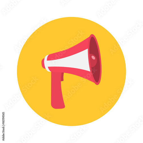 Megaphone, speaker, loudspeaker round icon. Announcement sign symbol. Flat design. Red yellow color. White background. Isolated.