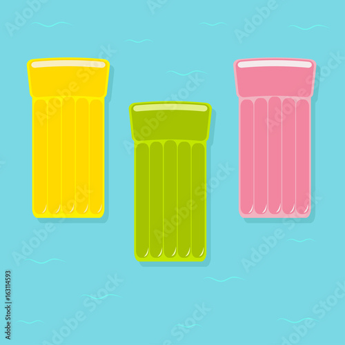 Yellow, pink, green air pool floating water mattress icon set. Blue water sea ocean background with wave. Isolated. Flat design.
