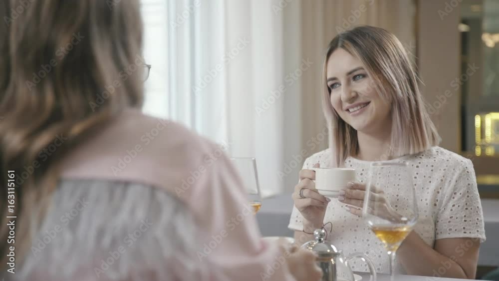 Two young women - sisters or friends - are similar to each other: sit in a cafe and communicate with their friends. Two girls in restaurant drink tea and look at interlocutors opposite. Two young women - sisters or friends - are similar to each other: sit in a cafe and communicate with their friends. Two girls in restaurant drink tea and look at interlocutors opposite.