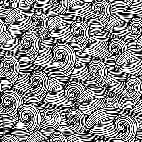 Abstract black and white waves. Hand drawn seamless pattern. Vector illustration.