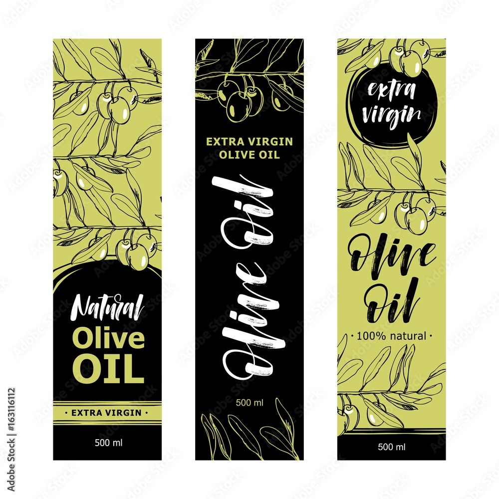 Olive oil labels collection. Hand drawn vector illustration templates ...