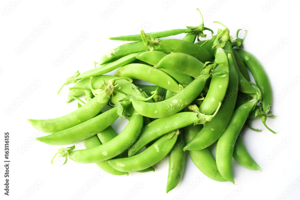 green pea pod, green peas, white background
