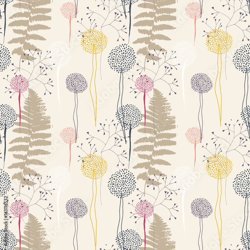 Floral pattern with fern leaves, dandelions and grasses.
