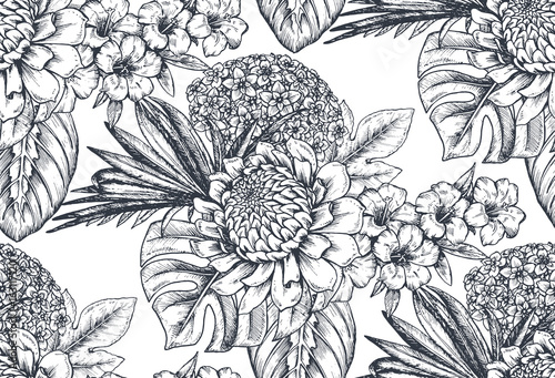 Vector seamless pattern with compositions of hand drawn tropical flowers and plants.