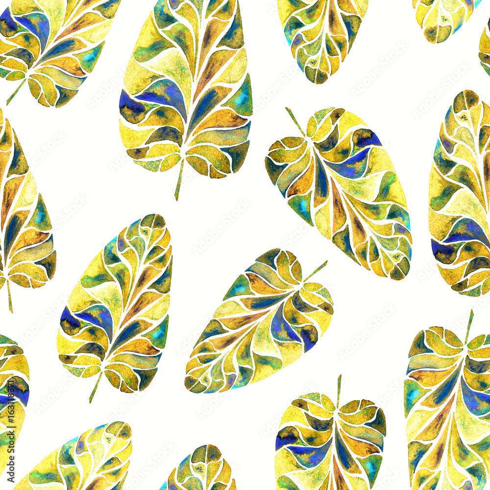 Fototapeta premium Seamless pattern with beautiful pearl tropical leaves on white background. Watercolor painting