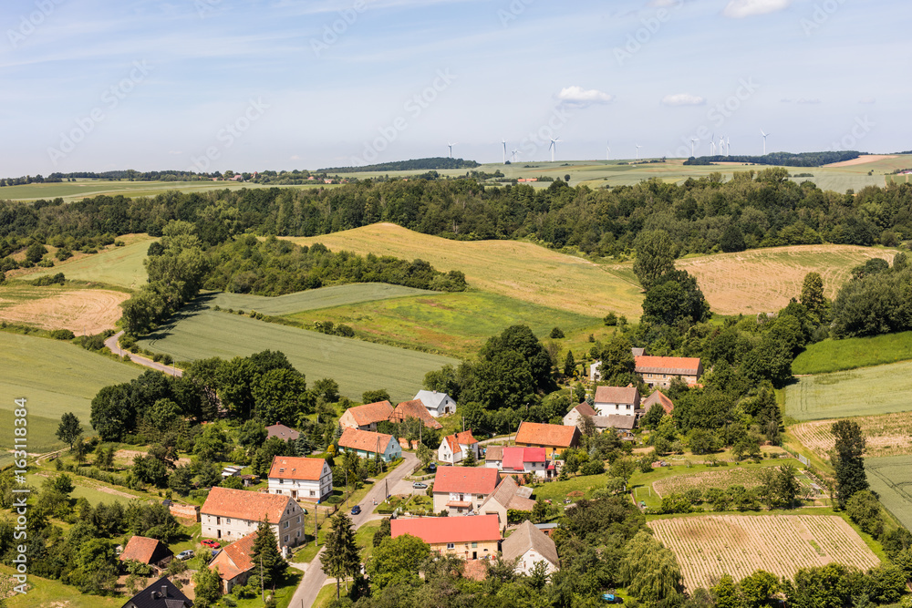 Obraz premium aerial view of the Ligota Wielka village and harvest fields