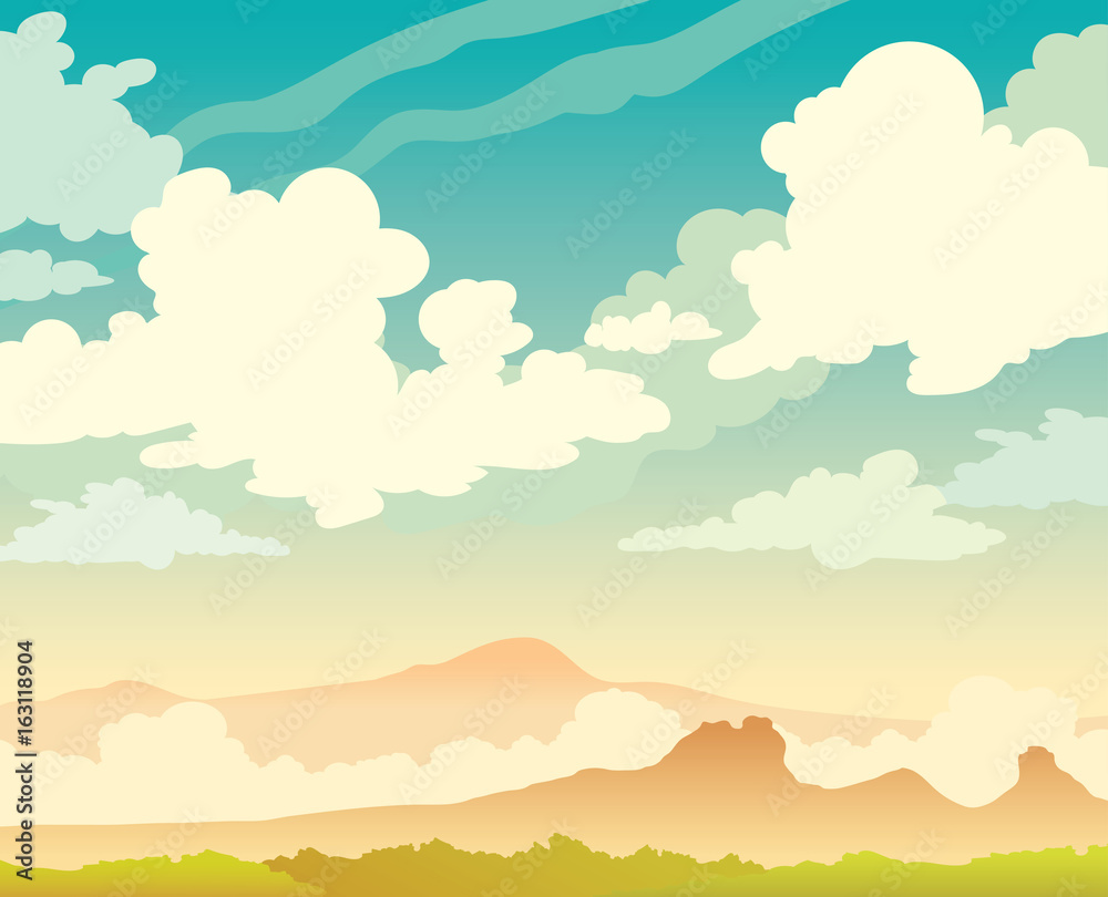 Clouds, sky, mountains, forest. Summer landscape.