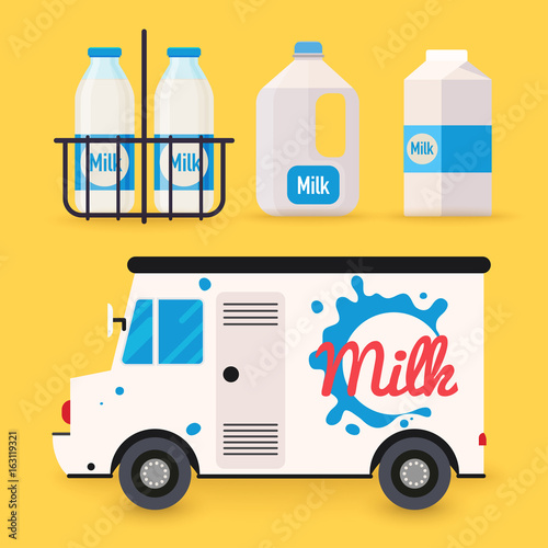 Dairy milk delivery service and milk bottles, packing. Local delivery van. Flat design modern vector illustration concept.