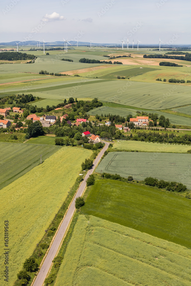 aerial view of the Lasowice village and harvest fields