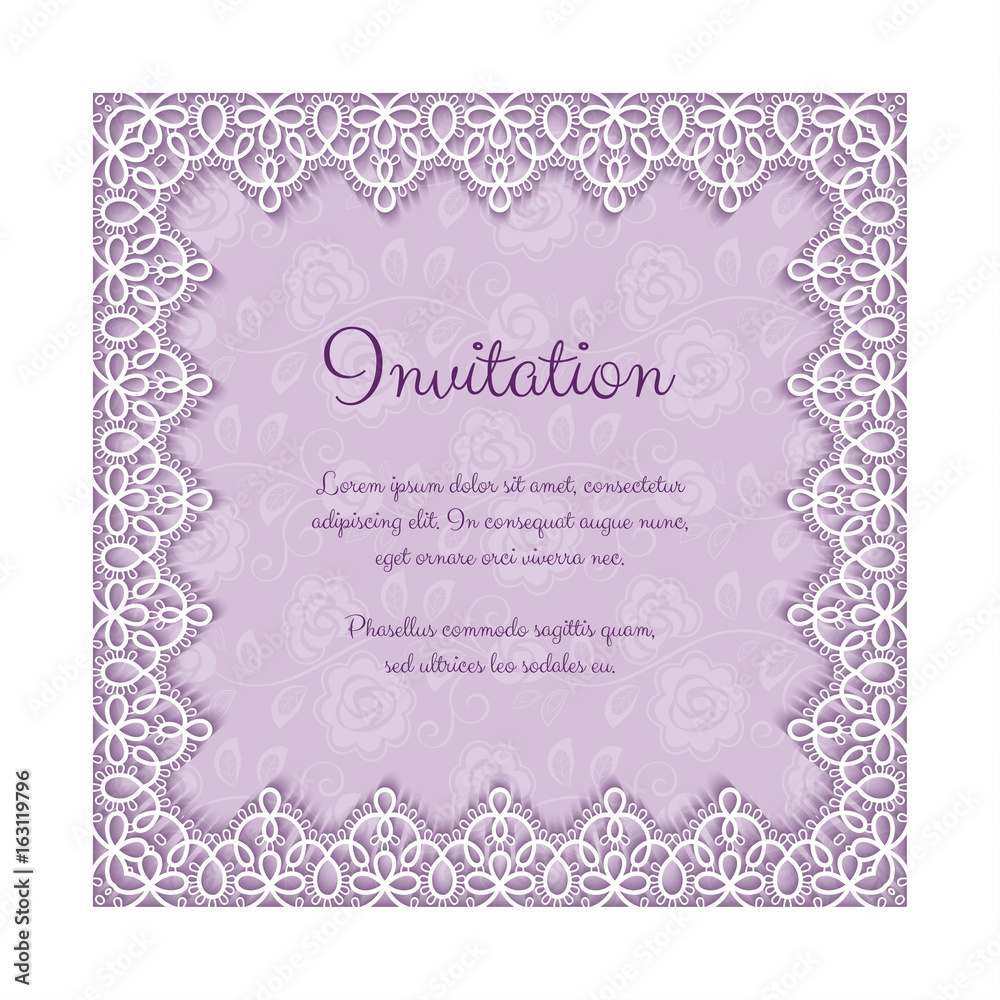 Elegant invitation or greeting card template with lace square frame