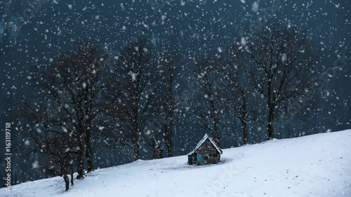 Winter snow landscape with an isolated vintage cottage surrounded by leafless trees. Snowing like in a fairytale. Loopable scene.