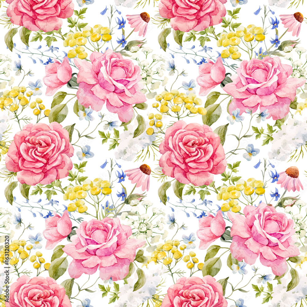 Watercolor rose seamless vector pattern