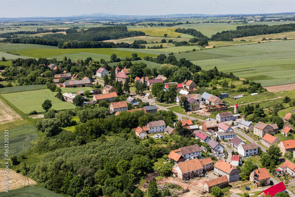 aerial view of the Lasowice village and harvest fields