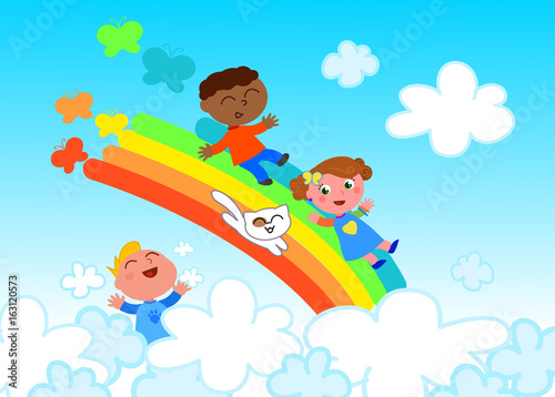 Happy friends sliding on rainbow in the sky, vector illustration